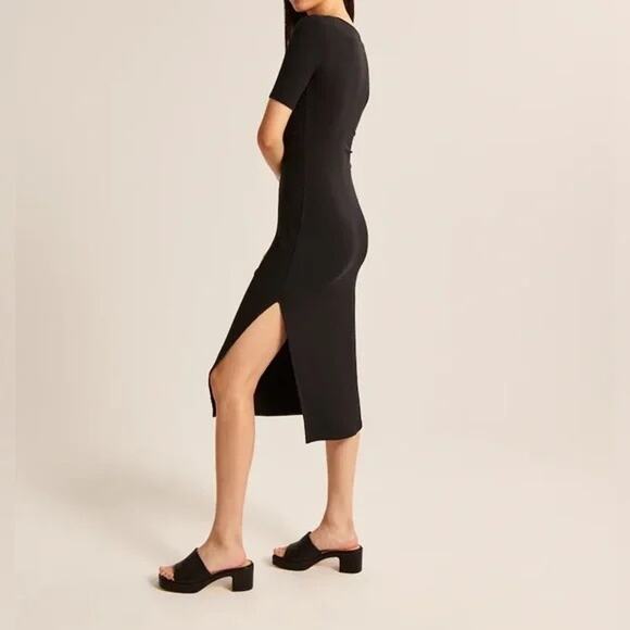 Abercrombie & Fitch O-Ring Ribbed Short Sleeve Midi Dress Black M Academia LBD - Picture 3 of 12